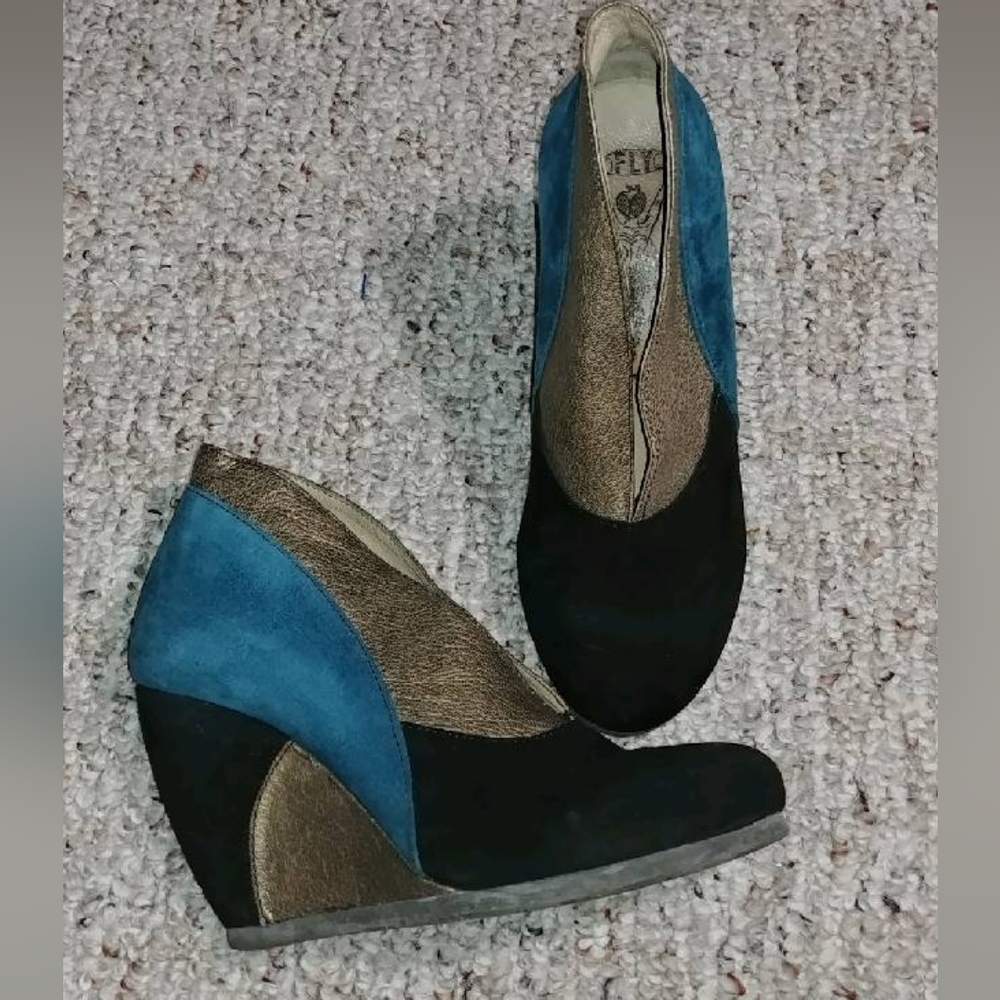 Fly London tricolor suede wedges